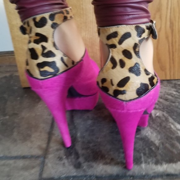 Rare size 11 Pink and Leopard Pony Hair 7 Inch Platform Heels - Picture 3 of 16